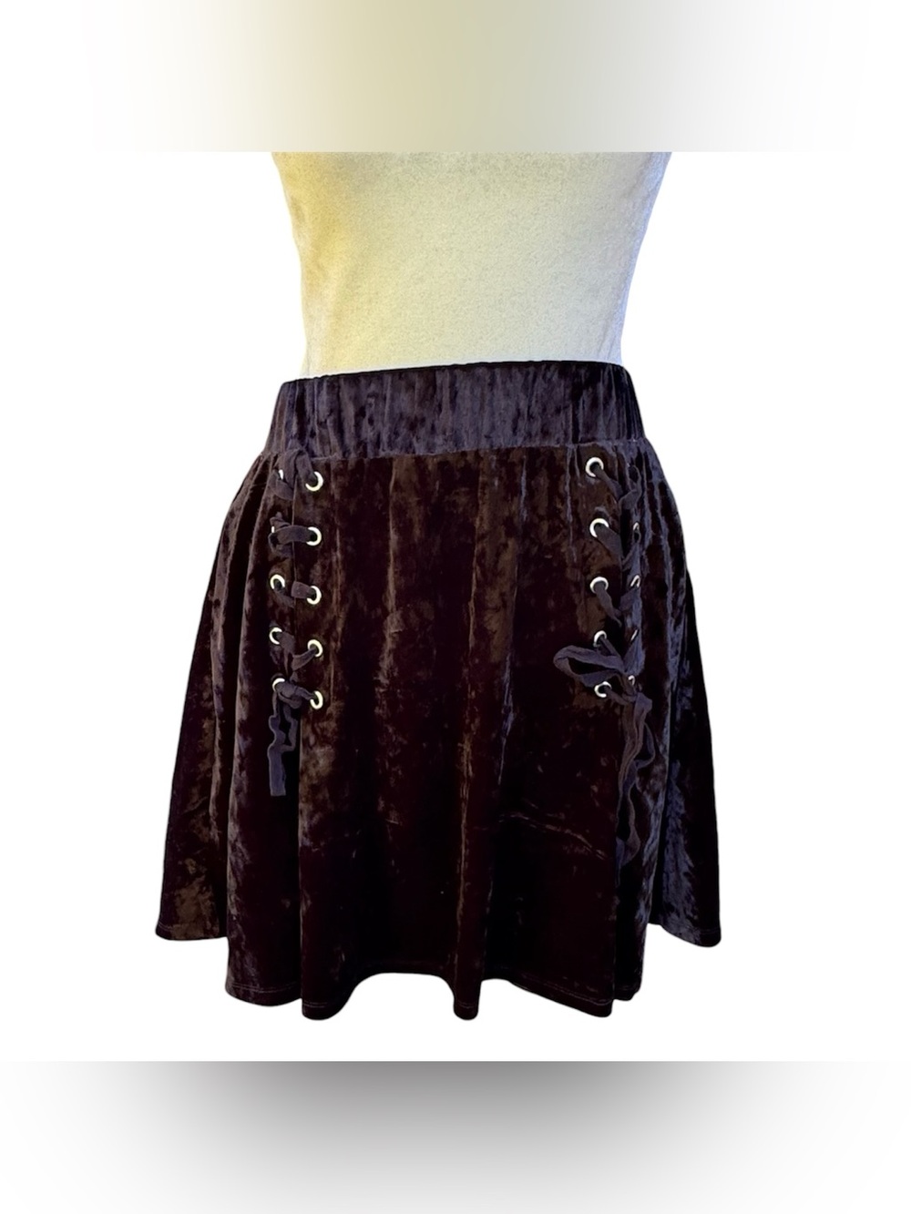 Hot Topic Goth Alternative Black Velvet Lace Up A-Line Skater High Waist Skirt